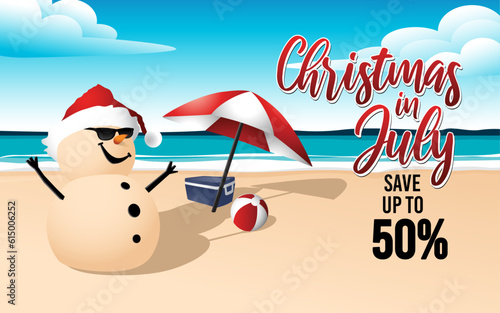 Christmas in July sale template design with a sandy snowman on a beautiful beach, vector illustration