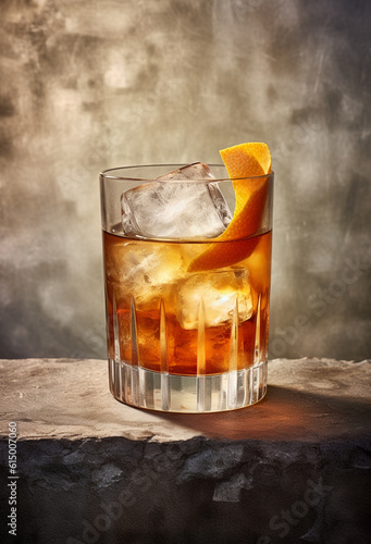Old fashioned cocktail on stone background. Whiskey on stone rustic background. Generative AI © Agnes
