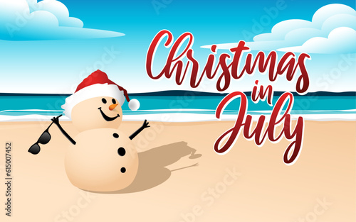 Christmas in July sale template design with a sandy snowman on a beautiful beach, vector illustration