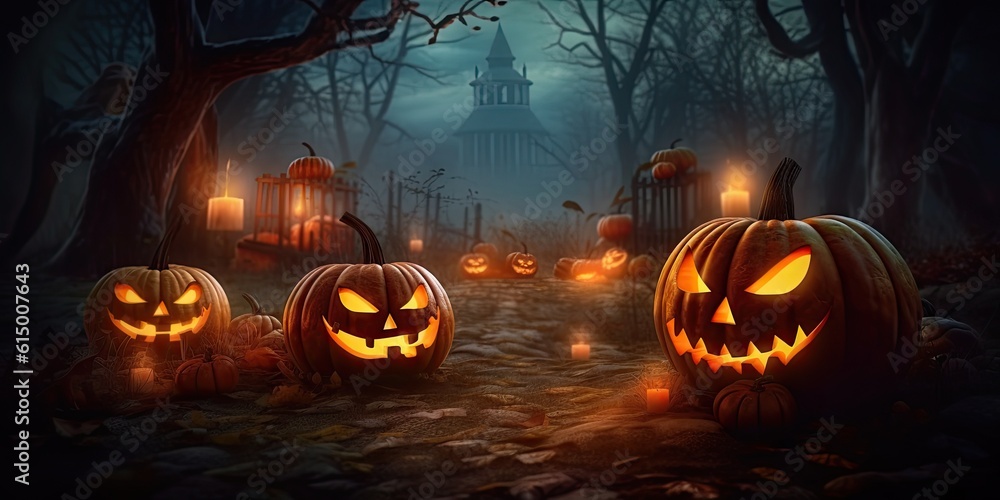 Scary pumpkin faces in the night. Spooky Halloween smiling Jack-o-Lanterns on a dark background Scary pumpkin faces in the night. Spooky Halloween smiling Jack-o-Lanterns on a dark background