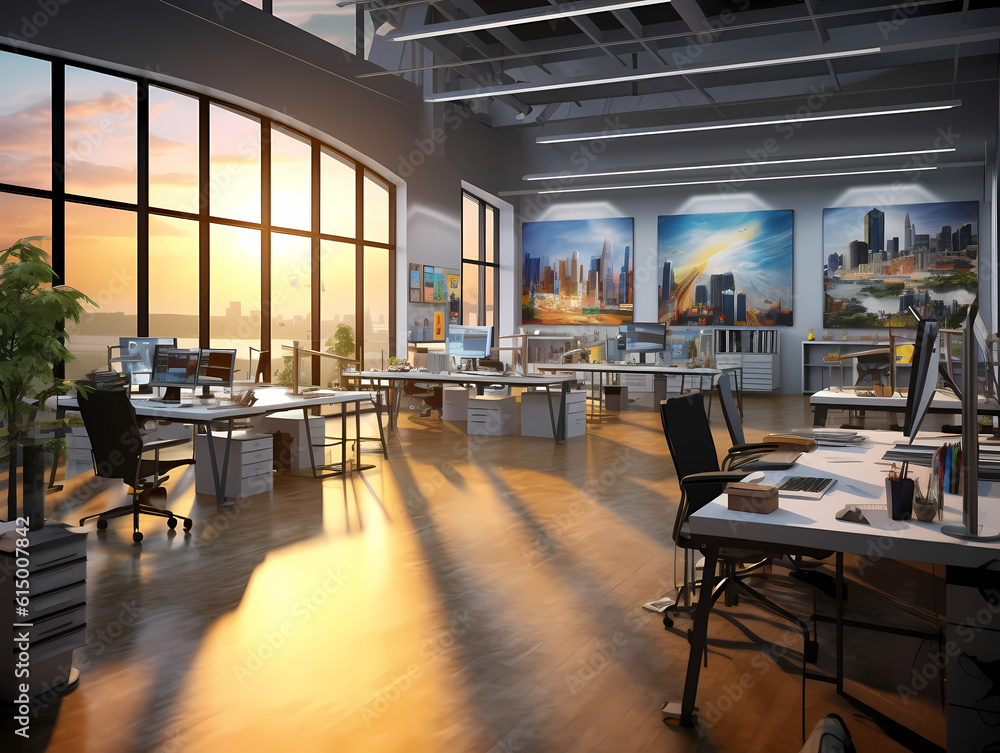 Modern office space, high detail concept art, perfect proportions fine face, vivid colors, photorealistic shaded lighting poster trending on art station. Created with Generative AI Modern office space, high detail concept art, perfect proportions fine face, vivid colors, photorealistic shaded lighting poster trending on art station. Created with Generative AI