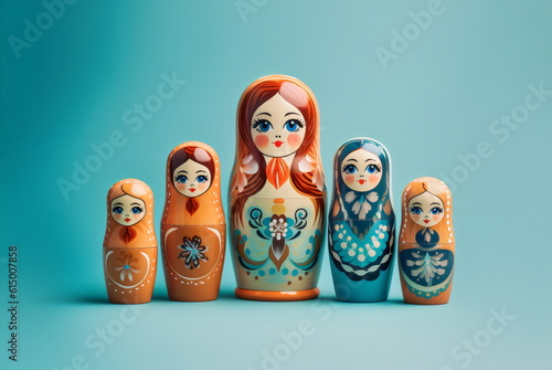 Fotografia matryoshka nesting dolls isolated on blue plain studio background, made with gen
