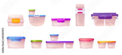 Empty plastic lunch food box container isolated vector. Clear reusable lunchbox package storage for dessert or homemade dish to take. Colored kitchenware with airtight cover illustration design set