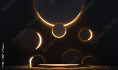 Dark podium, pedestal, platform on dark background. Golden frame, flying spheres - 3d render abstract illustration. Empty space for product mockup design. Show concert rewarding winners. 