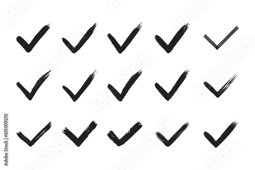 Dirty grunge hand drawn tick v with brush strokes vector illustration set isolated on white background graphic design. Check mark symbol YES button for vote in check box, web, etc.