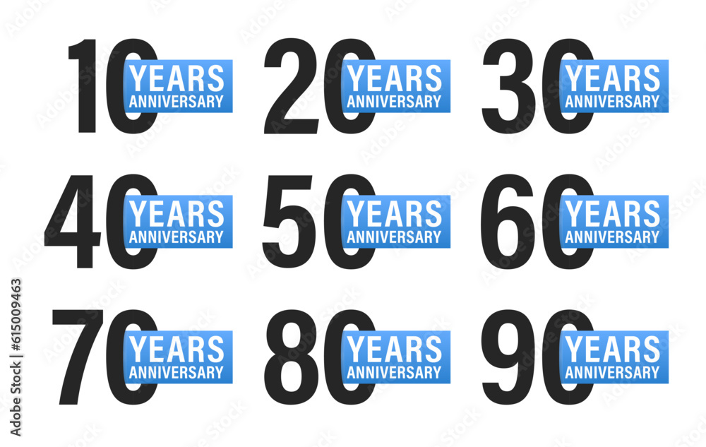 10 Year Anniversary Square Set 20 30 40 50 60 70 80 90 Vector Template Design. Happy Birthday. Use the age figures. Template for postcards and congratulations. Vector illustration 10 Year Anniversary Square Set 20 30 40 50 60 70 80 90 Vector Template Design. Happy Birthday. Use the age figures. Template for postcards and congratulations. Vector illustration