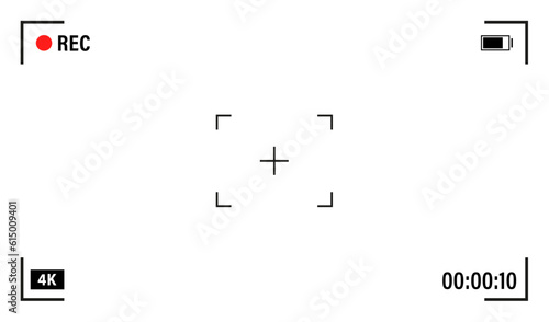 Photo or video camera viewfinder grid with many shooting settings on screen. Focusing screen of the camera. Viewfinder camera recording. Template for your design. Filming 4k. Vector illustration