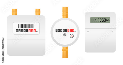 Gas, water and electric meters. Industrial and household meters set. Fuel, water and electricity consumption control. Gas counter. Collection. Utilities. Vector illustration photo