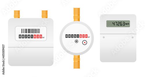 Gas, water and electric meters. Industrial and household meters set. Fuel, water and electricity consumption control. Gas counter. Collection. Utilities. Vector illustration