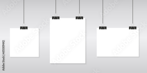 Blank white poster template. Affiche, paper sheet hanging on wall. Vector advertising banner mockup stand exhibit, empty picture billboard page for printing. Vector illustration