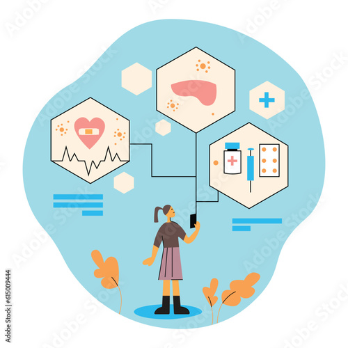 Woman getting online medical consultation on mobile. Doctor providing modern healthcare service using video calls. Distance communication with therapist. Vector