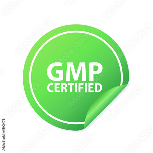 Green color peel sticker label with word GMP. GMP - Good manufacturing practice vector stamp on white background. Certified round stamp. Vector illustration