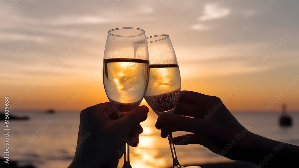 Two caucasian hands holding champagne glasses over the sea. Romantic vacation. Neural network generated in May 2023. Not based on any actual person, scene or pattern. - obrazy, fototapety, plakaty 