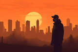 person in mask in cityscape with pollution and smoke making hazy orange sky, illustration made with generative ai