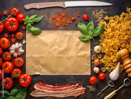 Pasta dish. Ingredients table top with space for notes. copy space. photo