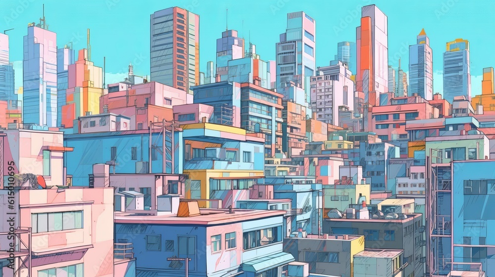 Colorful city district background. Generative AI technology.