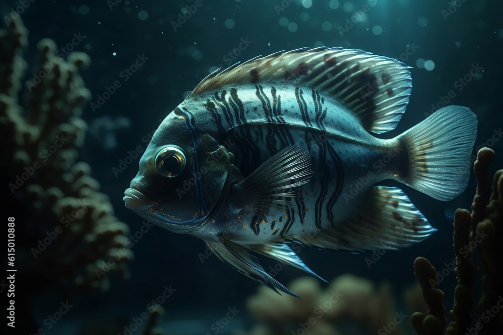 The fish swims at the bottom of the sea. 