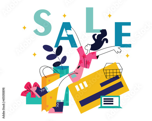Colored happy woman doing shopping online at big sales. Process of buying goods via Internet. Electronic commerce and digital environment. Vector illustration