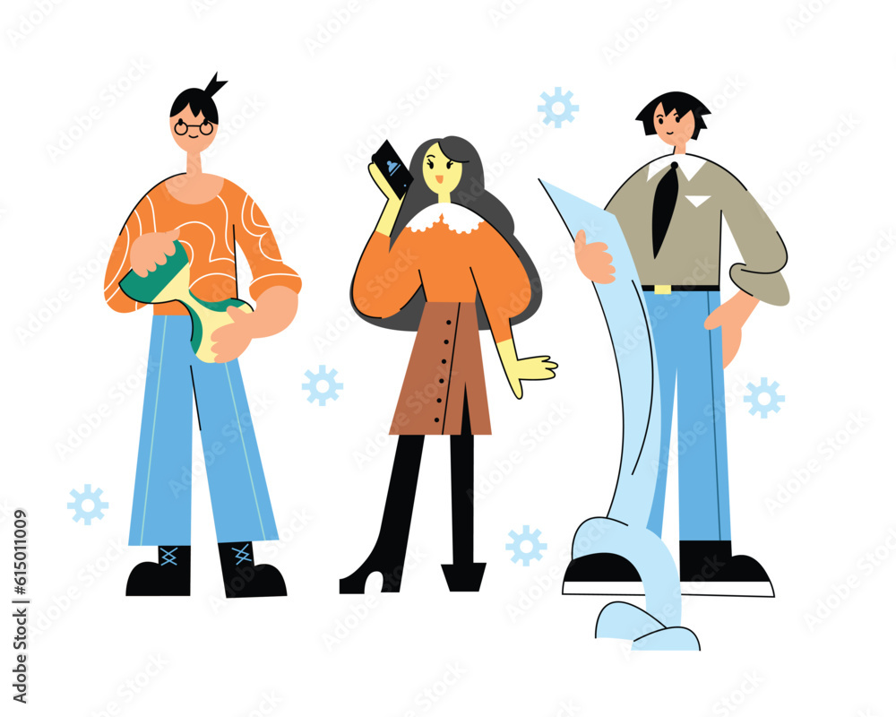 Handsome cartoon people doing different tasks and activities. People increasing productivity and efficiency in business. Process of career goals achievement. Vector Handsome cartoon people doing different tasks and activities. People increasing productivity and efficiency in business. Process of career goals achievement. Vector