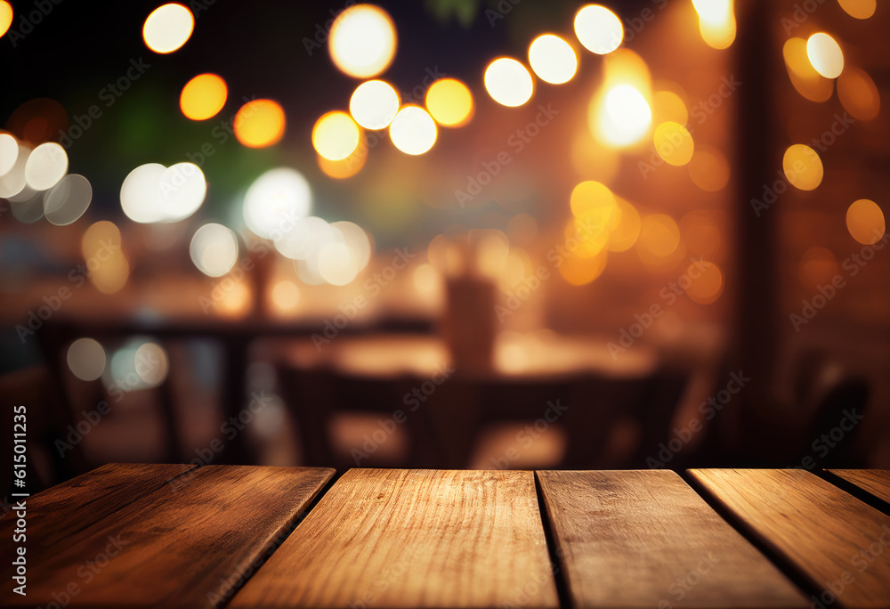 Image of wooden table in front of abstract blurred background. High quality photo