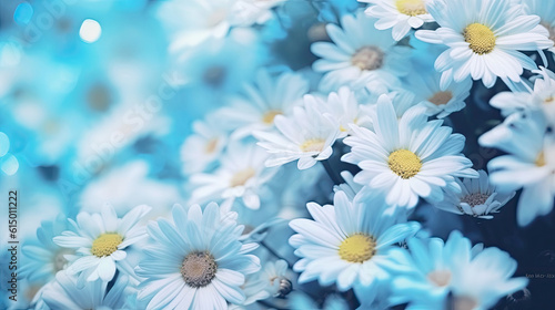 Beautiful floral natural blue turquoise background with a frame of white daisies using a soft blur filter