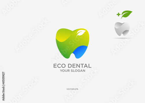 Dentistry clinic logo design with color gradation green eco dental logo and business card, Dental Clinic Logo green Tooth abstract design vector