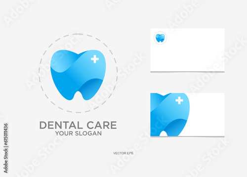 Dentistry clinic logo design with color gradation dental care logo and business card, Dental Clinic Logo blue Tooth abstract design vector