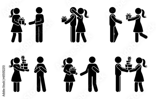 Stick figure man and woman giving presents vector illustration set. People receiving holidays gift box stickman icon silhouette pictogram