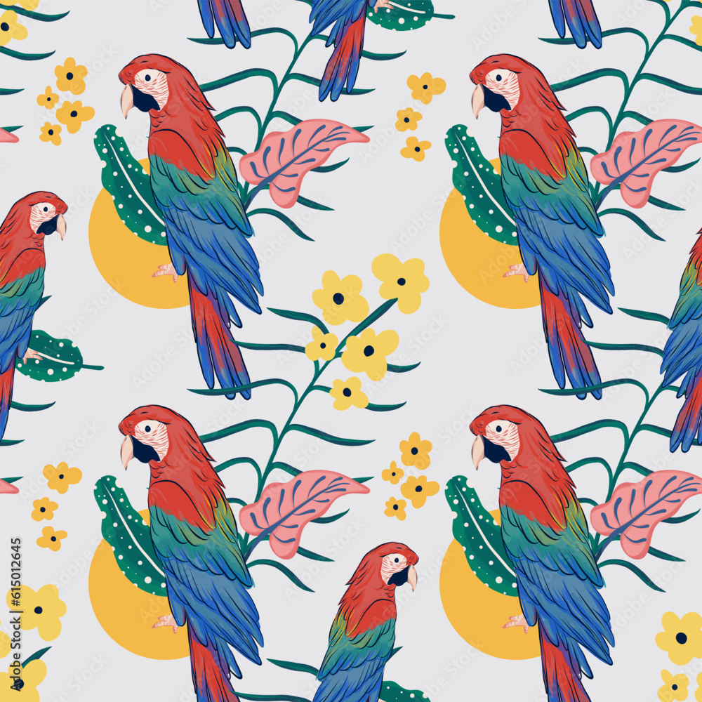 hand drawn hand drawn parrot bird, flower and tropical leaves pattern