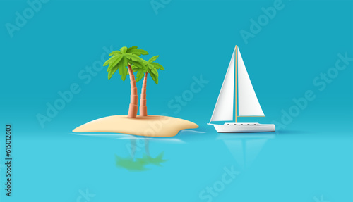 Vector 3d illustration of tourist island with palm tree and yacht on the sea, uninhabeted island eco tourism vacation