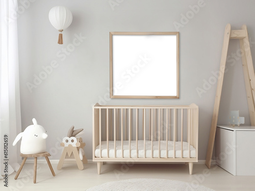 Fototapeta Blank horizontal decorative art transparent frame mock-up nursery interior, mode