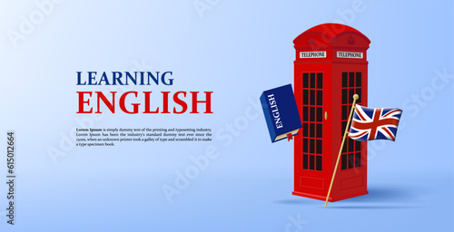 English language school banner with red telephone box, british flag and book 3d illustration