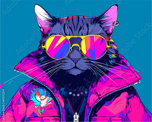 A cat wearing sunglasses and a leather jacket