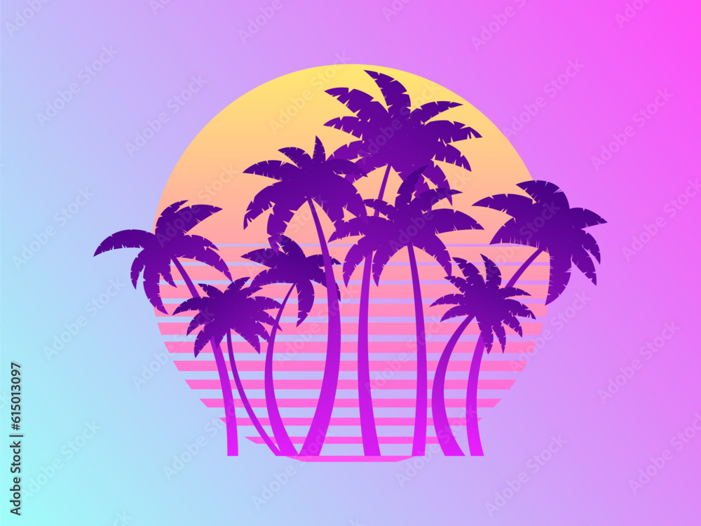 Palm trees on a sunset 80s retro sci-fi style. Summer time. Futuristic sun retro wave. Gradient palm trees. Design for advertising brochures, banners, posters, travel agencies. Vector illustration