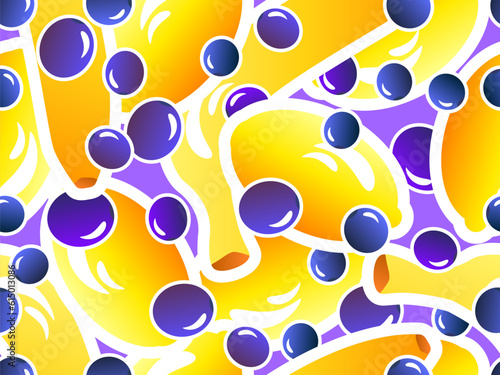 Seamless pattern with bananas, blueberries and lemons. Summer fruit and berry mix of blueberry, banana and lemon with stroke in 3d style. Design for print, fabric and poster. vector illustration