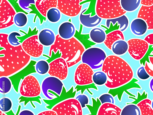 Fototapeta Naklejka Na Ścianę i Meble -  Strawberries and blueberries seamless pattern. Summer berry mix with blueberries and strawberries in 3d style with gradient colors on a blue background. Vector illustration
