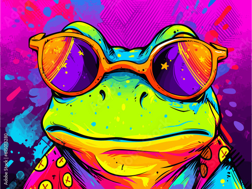 A hip frog wearing sunglasses, in the style of vibrant and playful pop art