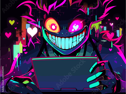 A laptop villain with glowing red eyes and a wicked grin