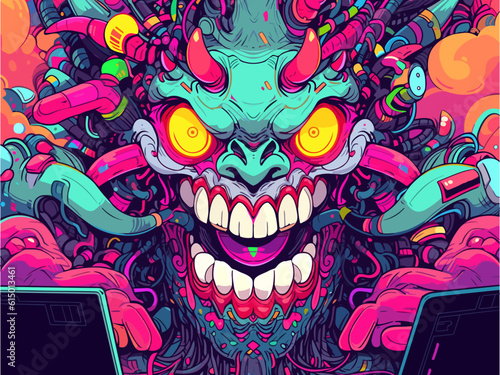 A laptop villain with an evil grin, in the style of vibrant and playful pop art