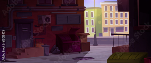 Old city alley street cartoon vector background. Trash and building brick wall in shadow of cityscape apartment facade illustration. Dirty urban nyc alleyway with dumpster near empty road game scene.