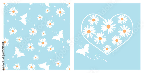 Seamless pattern with daisy flower and butterfly cartoons on blue background vector illustration. daisy icon, heart line and butterfly cartoon vector illustration.