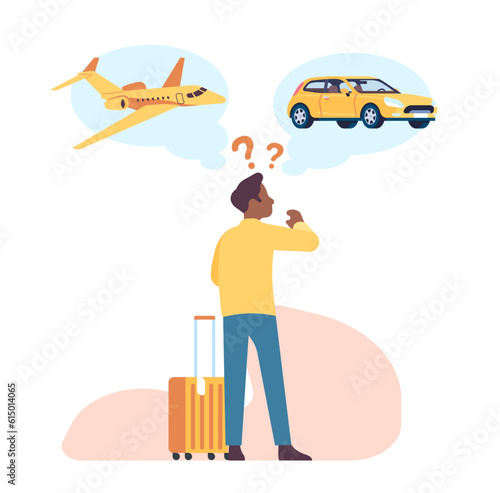 African American man chooses way transportation for traveling. Dilemma between plane or car. Thoughtful person making decision. Aircraft or automobile. Solve question. Vector concept