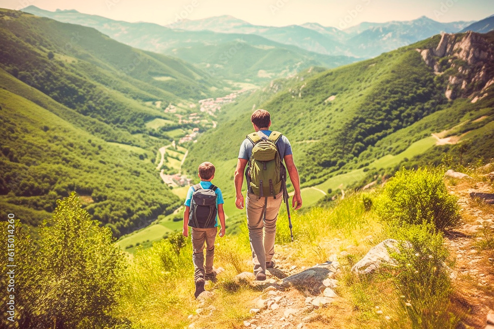 Father and son walking through a beautiful valley on a summer day