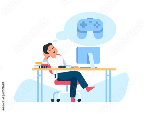 Boy doesnt want to study. Guy dreams of playing games. Man sitting and imagining joystick. Employee working at computer. Procrastinating person. Daydreaming at workplace. Vector concept