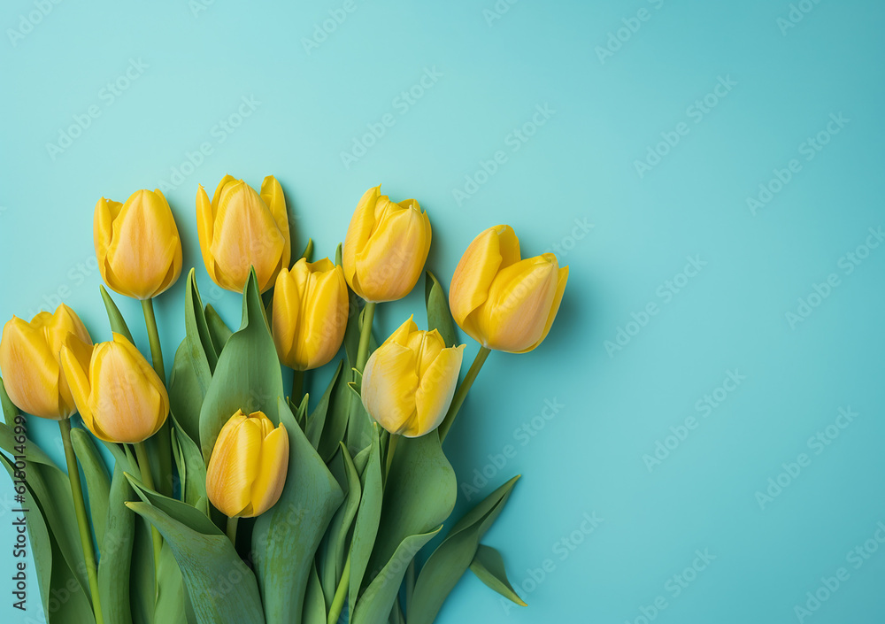 A bouquet of yellow tulips with green leaves on a blue paper background. March 8th. Women's day. Mothers Day. Grandma's day. Happy Birthday. Space for text. generative AI A bouquet of yellow tulips with green leaves on a blue paper background. March 8th. Women's day. Mothers Day. Grandma's day. Happy Birthday. Space for text. generative AI