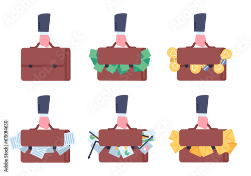 Businessman holding suitcase with money or documents. Bag full of idea lightbulbs or letter envelopes. Paper pages with project charts. Office worker. Vector employees handbags set