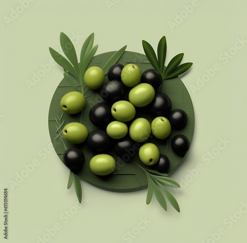 olives are green and black with leaves on a textured background.