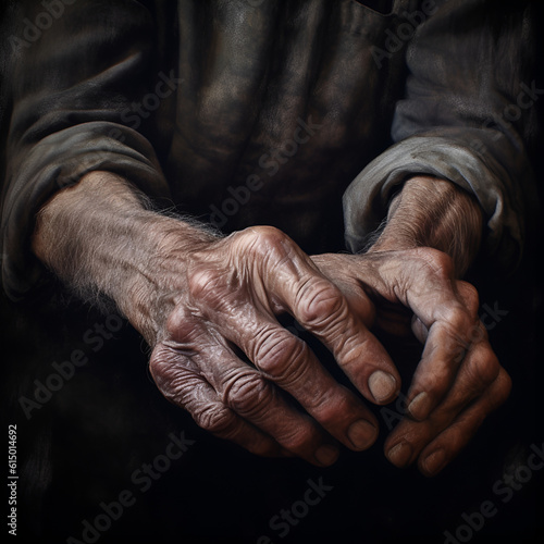 Old man's hands with lots of wrinkles on a dark background.