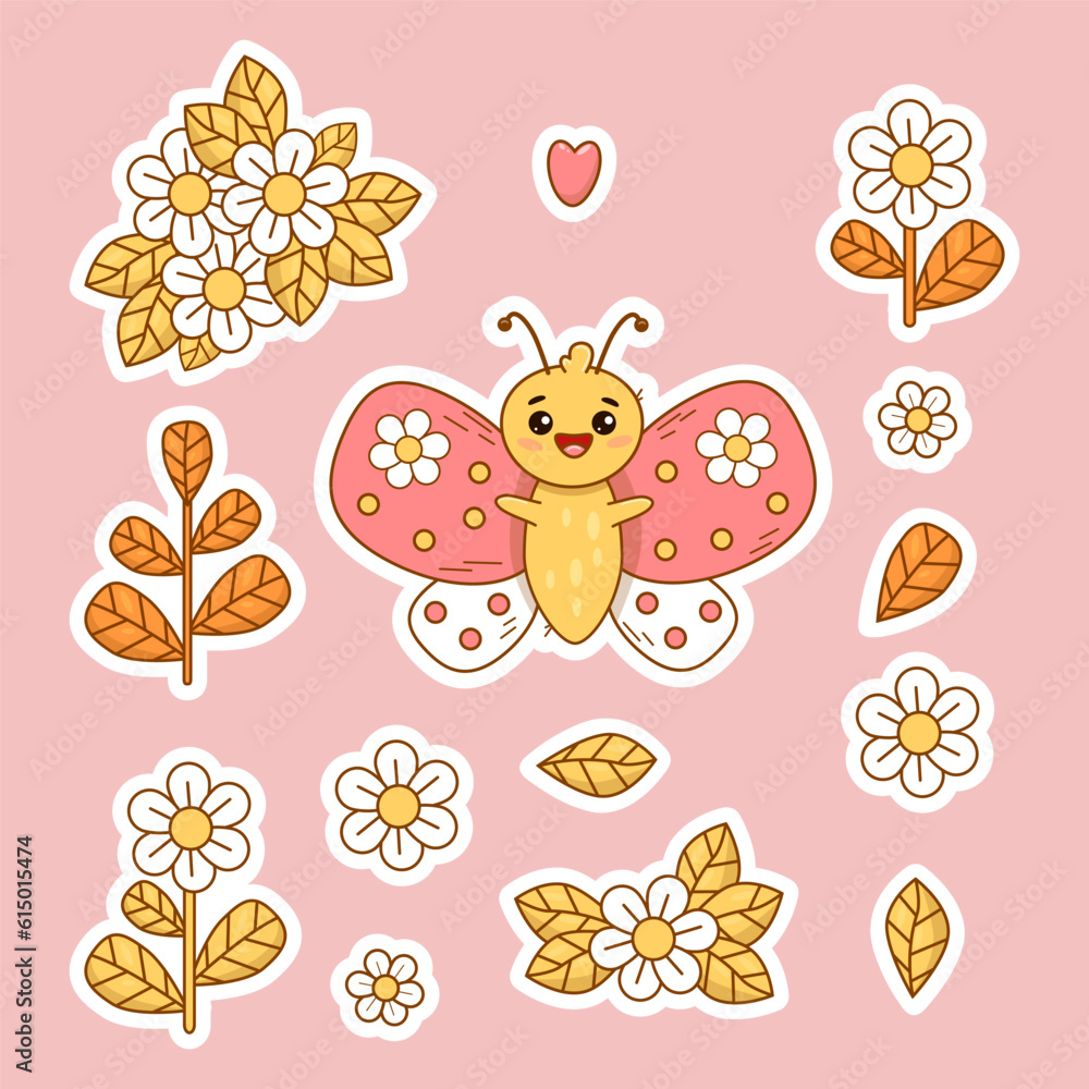 Collection stickers cute cartoon butterfly, flowers, daisies and branches with leaves. Isolated Vector illustrations. Funny character insects for kids collection, design and decor.