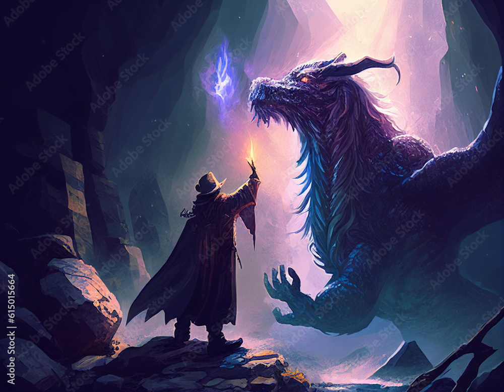 Scene of the wizard reaching hand out to his dragon standing on the rock, digital art style, illustration painting Scene of the wizard reaching hand out to his dragon standing on the rock, digital art style, illustration painting